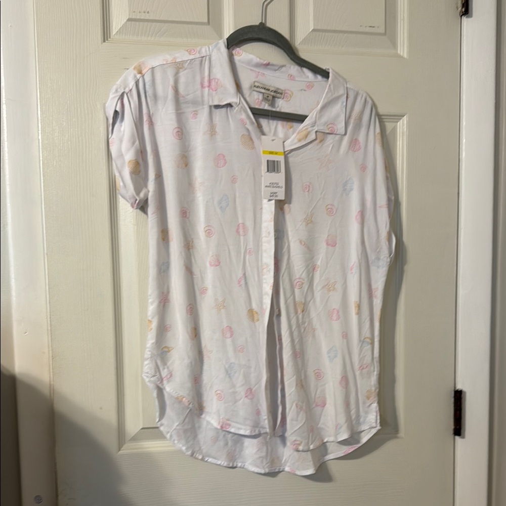 White Short Sleeve Button-Up Shirt with Pastel Print